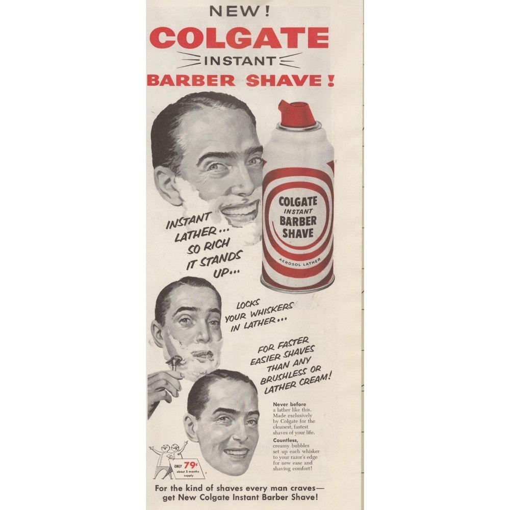 1955 Colgate Instant Barber Shave Vintage Print Ad Mid Century Bathroom Decor